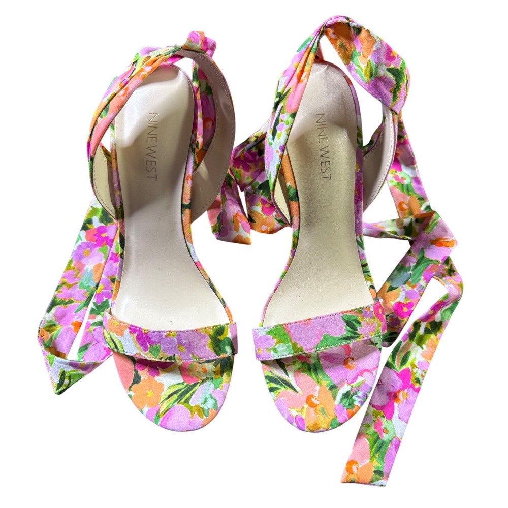 Nine West Floral Tie-Ankle Sandals in Pink, Green, Orange